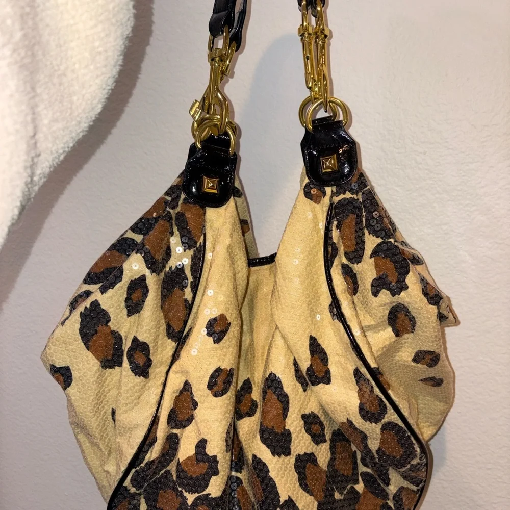 BETSEY JOHNSON Leopard Print Sequin Hobo Bag - Brown/Black